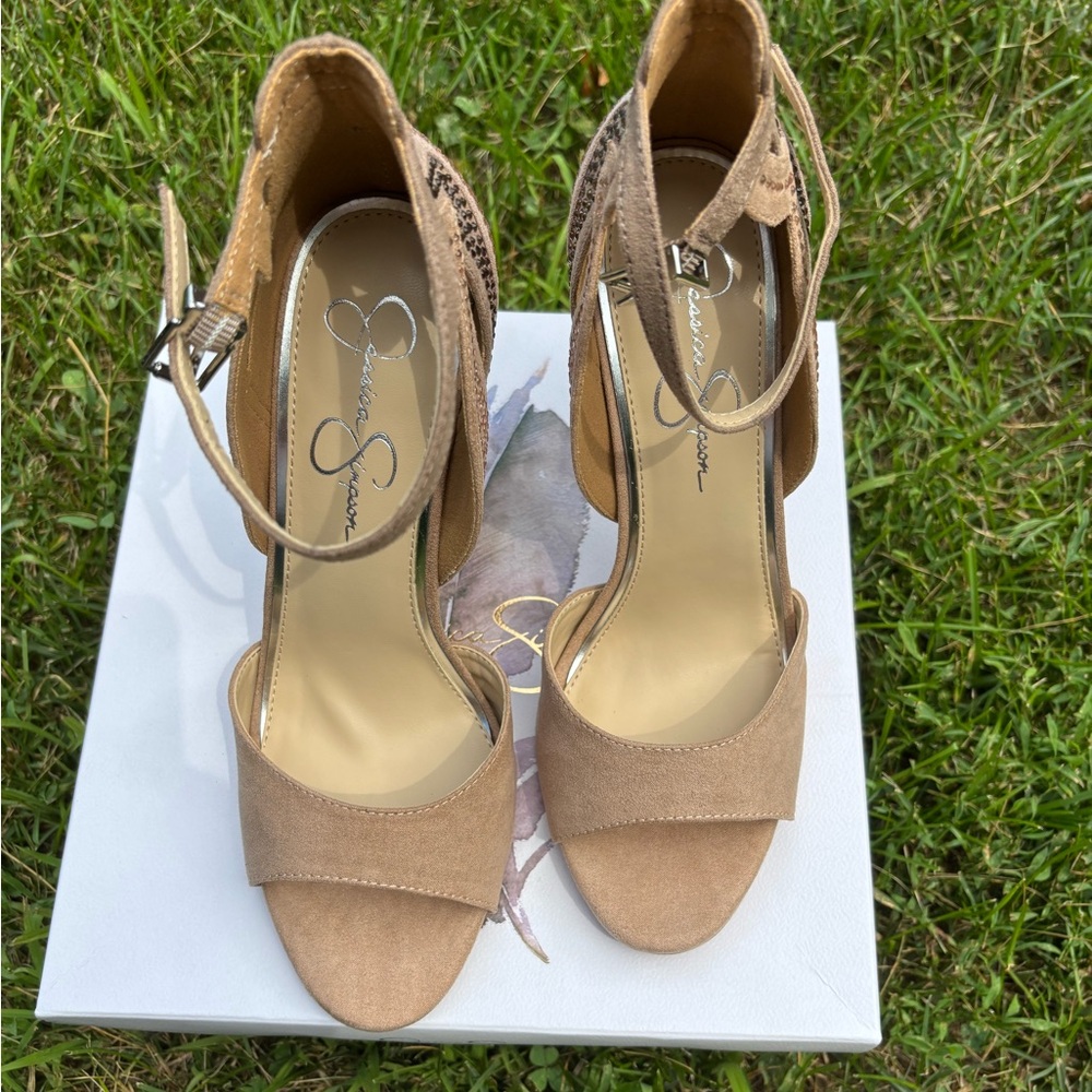 Jessica Simpson Tan Heels with Rhinestones and Ankle Strap, Womens 8.5 US